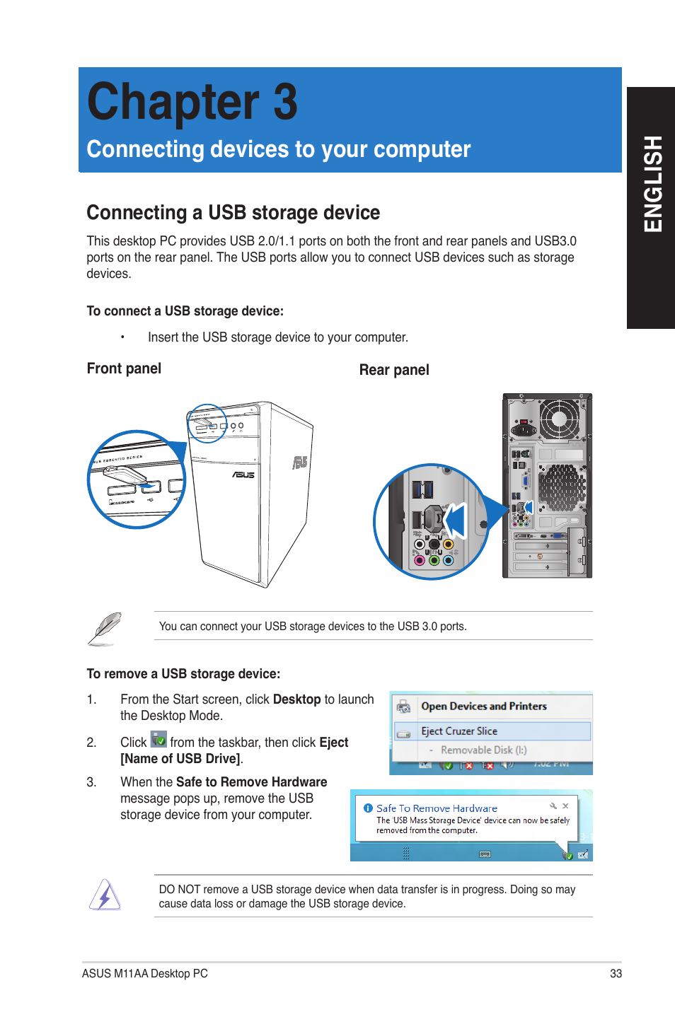 Chapter 3, Connecting devices to your computer, Connecting a usb storage device | En gl is h en gl is h | Asus M11AA User Manual | Page 33 / 72