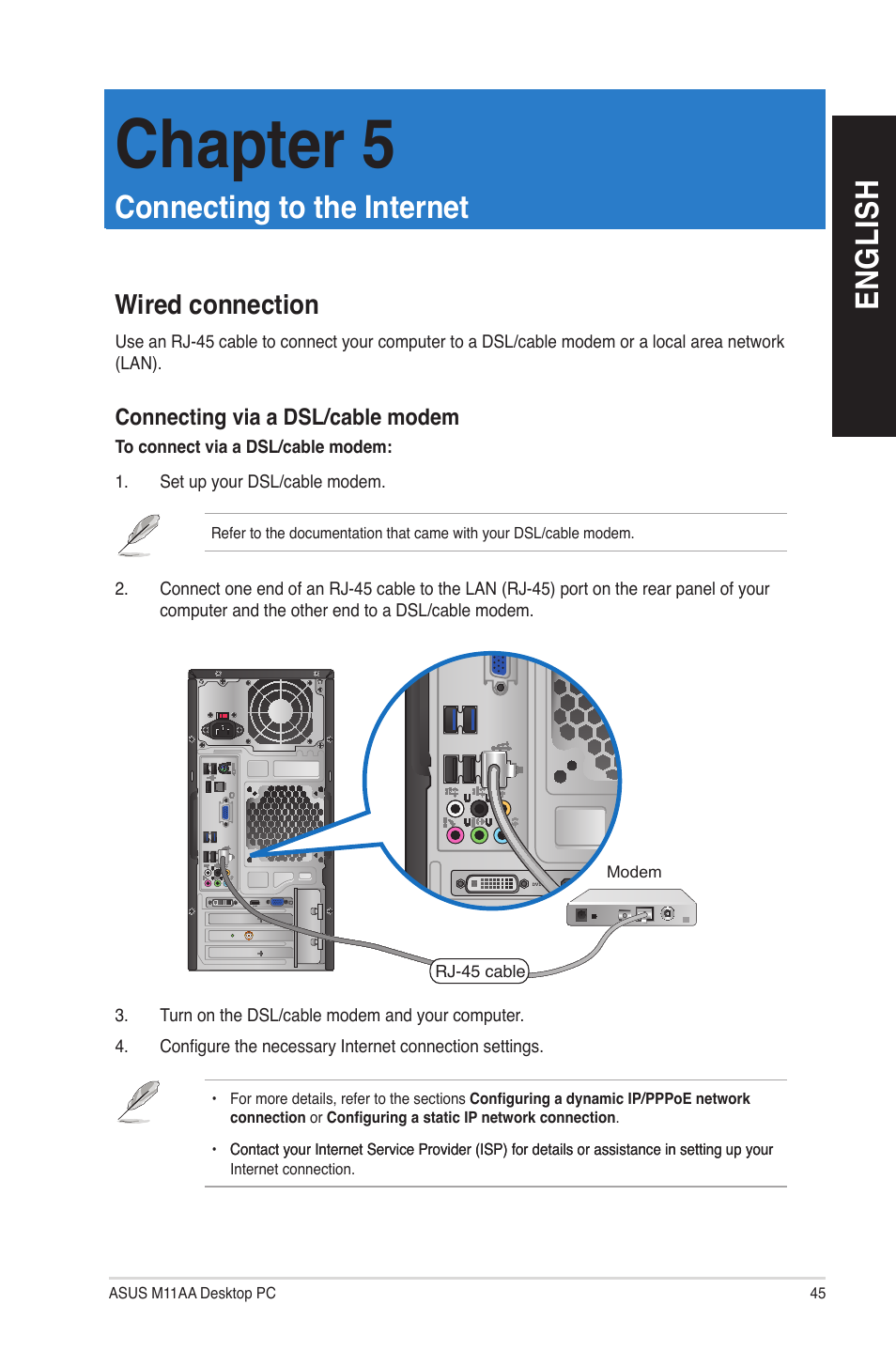 Chapter 5, Connecting to the internet, Wired connection | En gl is h en gl is h | Asus M11AA User Manual | Page 45 / 72