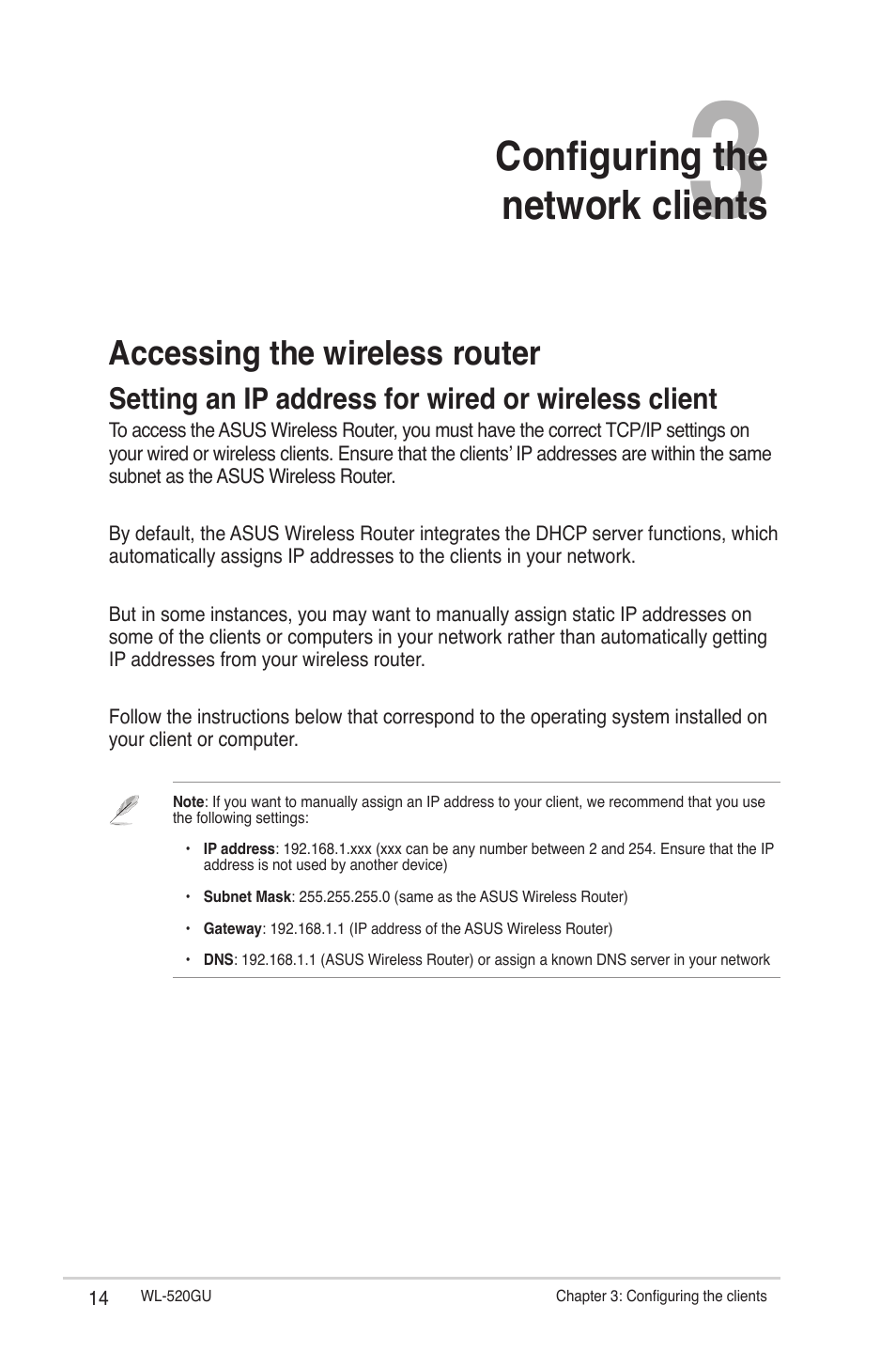 Chapter 3: configuring the network clients, Accessing the wireless router, Setting an ip address for wired or wireless client | Configuring the network clients | Asus WL-520GU User Manual | Page 14 / 51