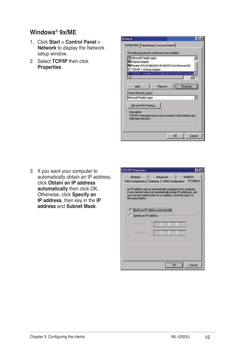 Windows, 9x/me | Asus WL-520GU User Manual | Page 15 / 51