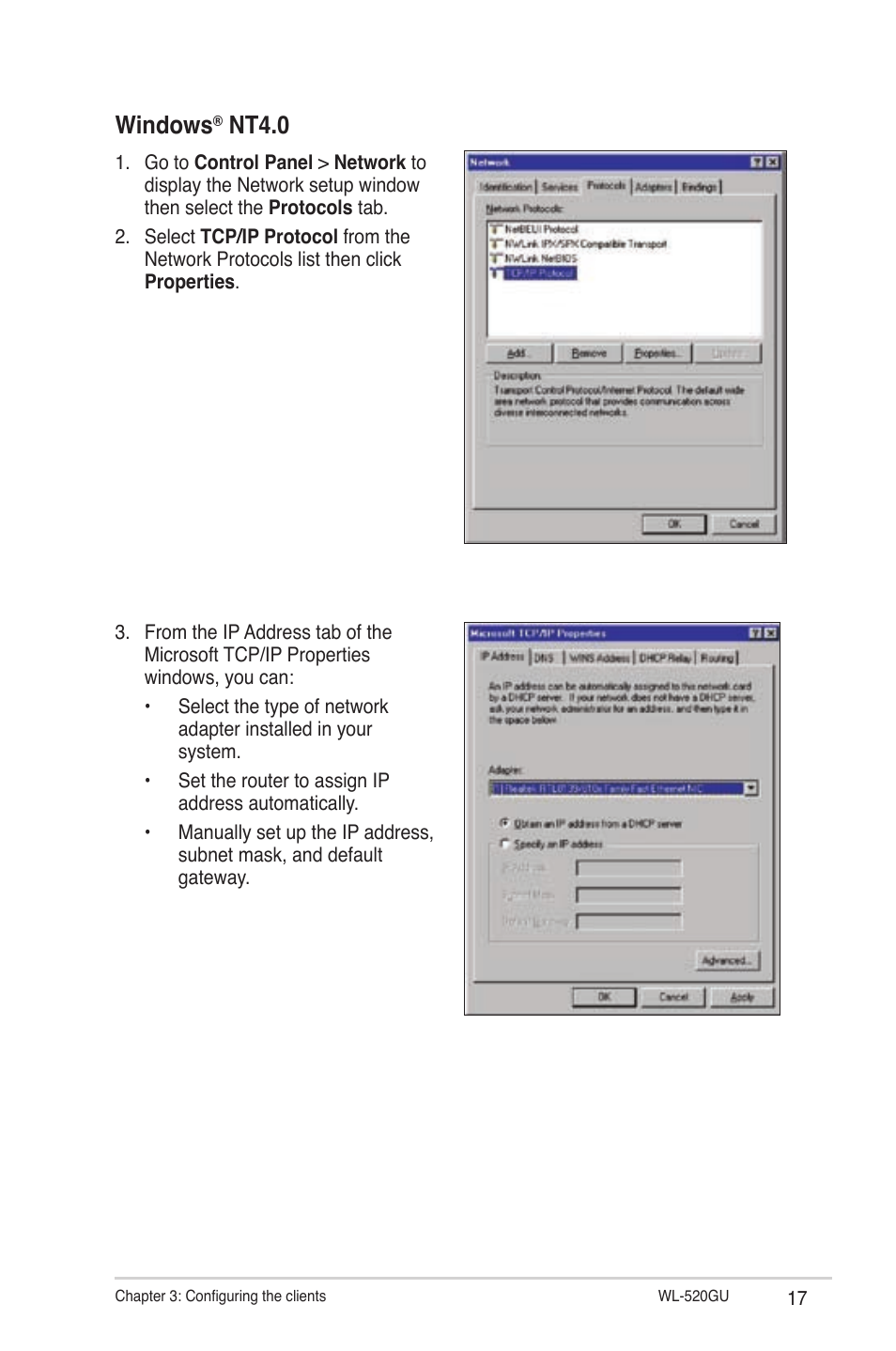 Windows, Nt4.0 | Asus WL-520GU User Manual | Page 17 / 51