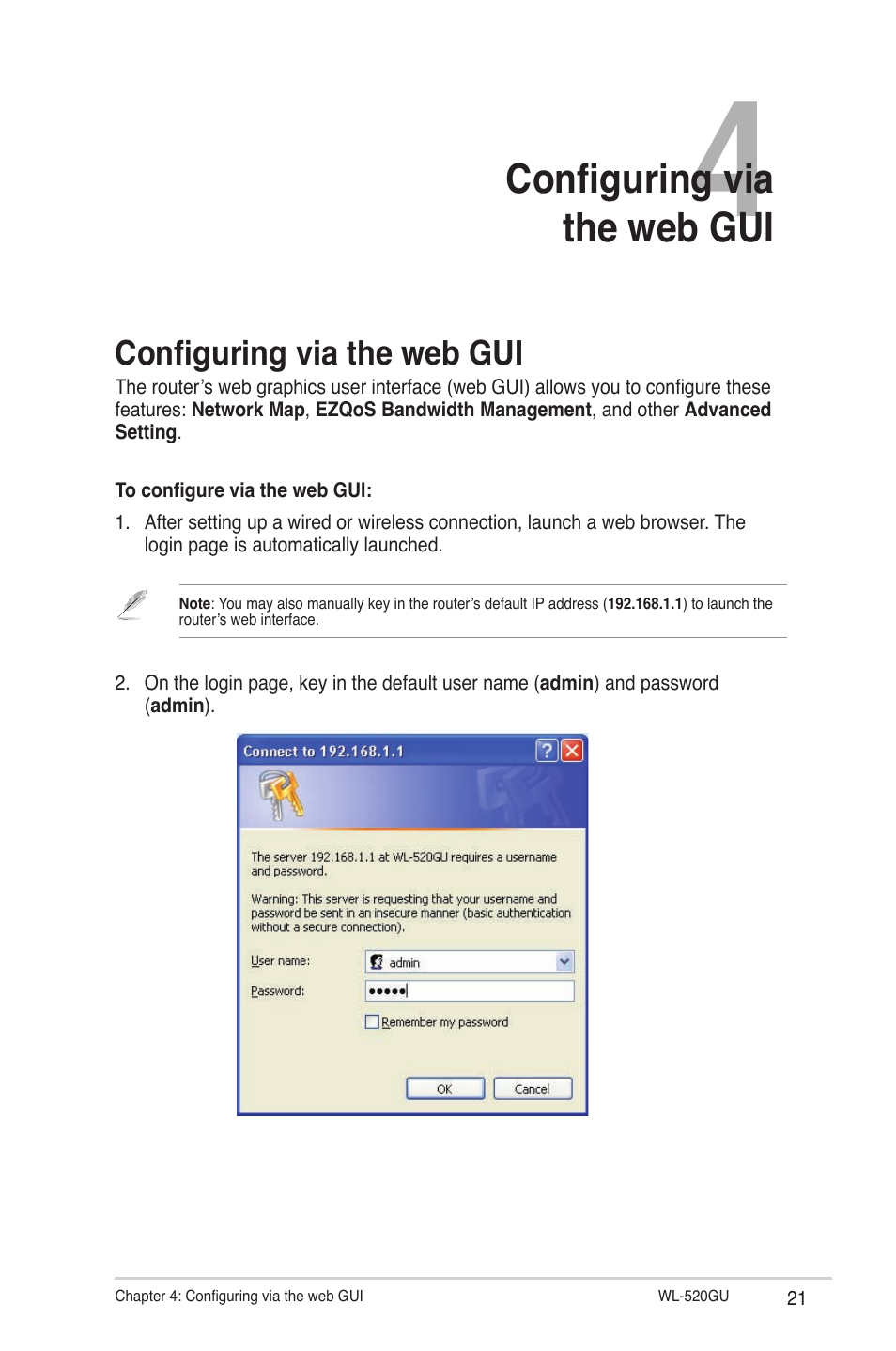 Chapter 4: configuring via the web gui, Configuring via the web gui | Asus WL-520GU User Manual | Page 21 / 51