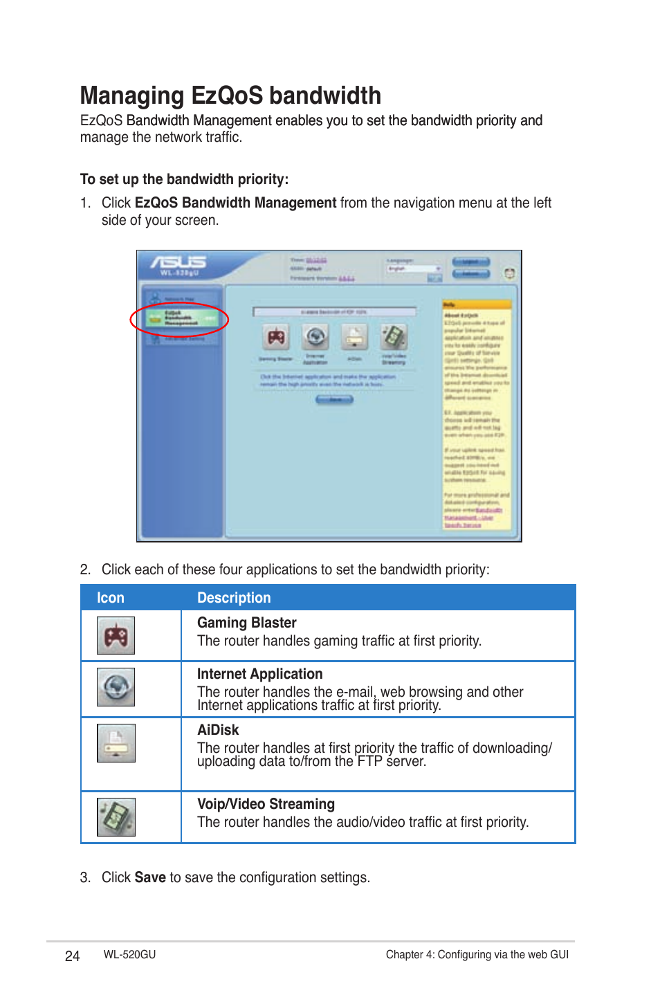 Managing ezqos bandwidth | Asus WL-520GU User Manual | Page 24 / 51