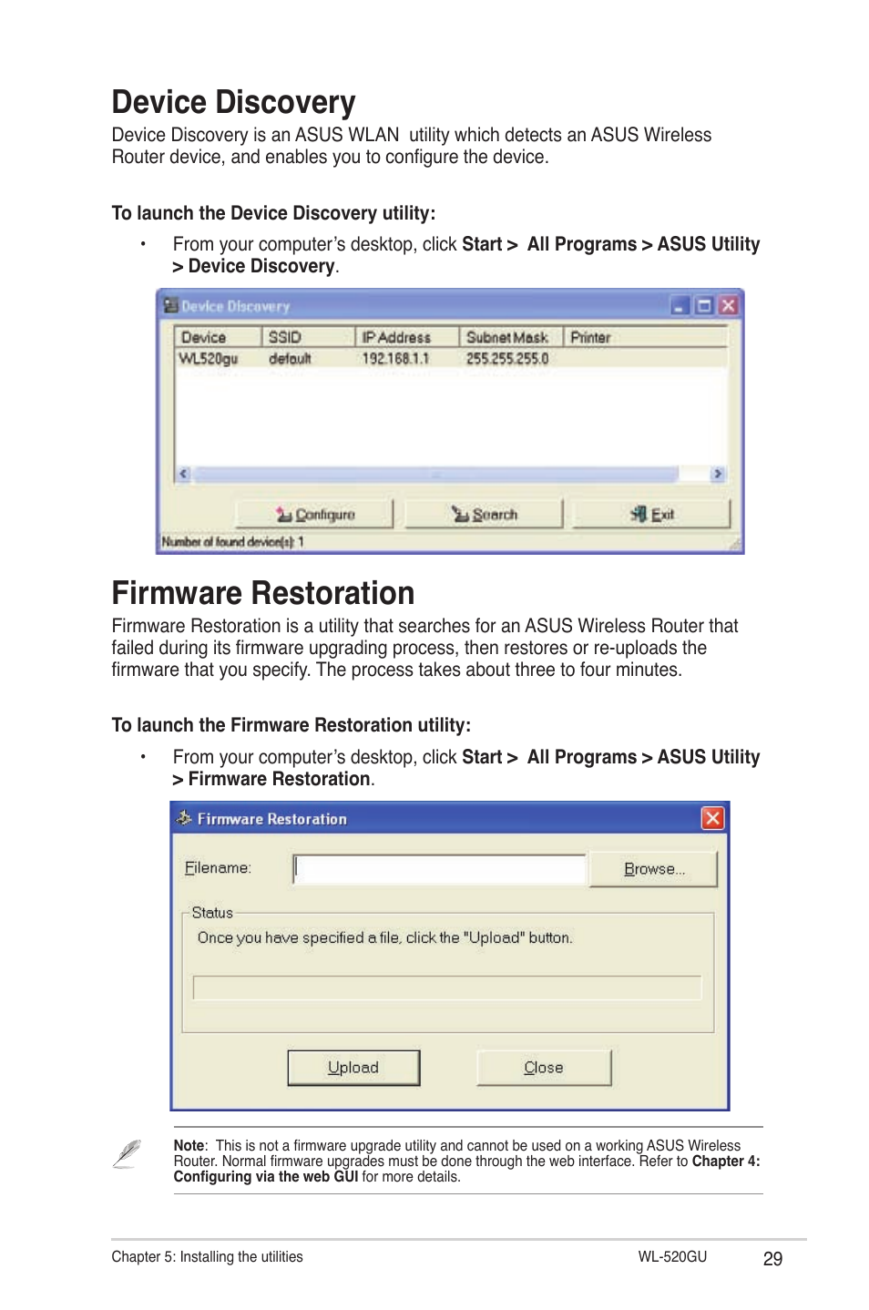 Device discovery, Firmware restoration, Device discovery firmware restoration | Asus WL-520GU User Manual | Page 29 / 51