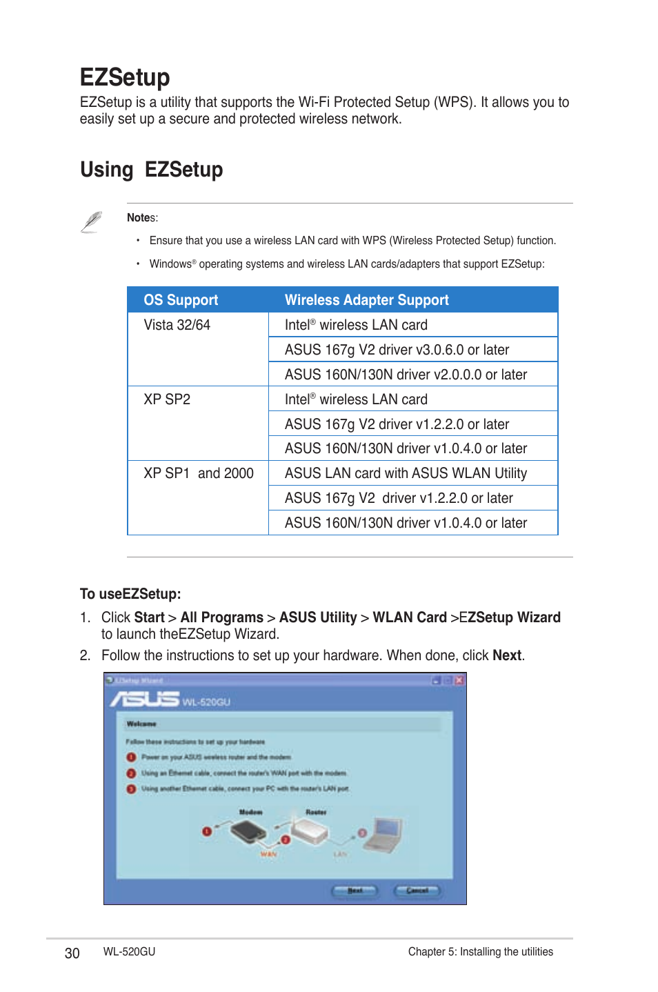 Ezsetup, Using ezsetup | Asus WL-520GU User Manual | Page 30 / 51