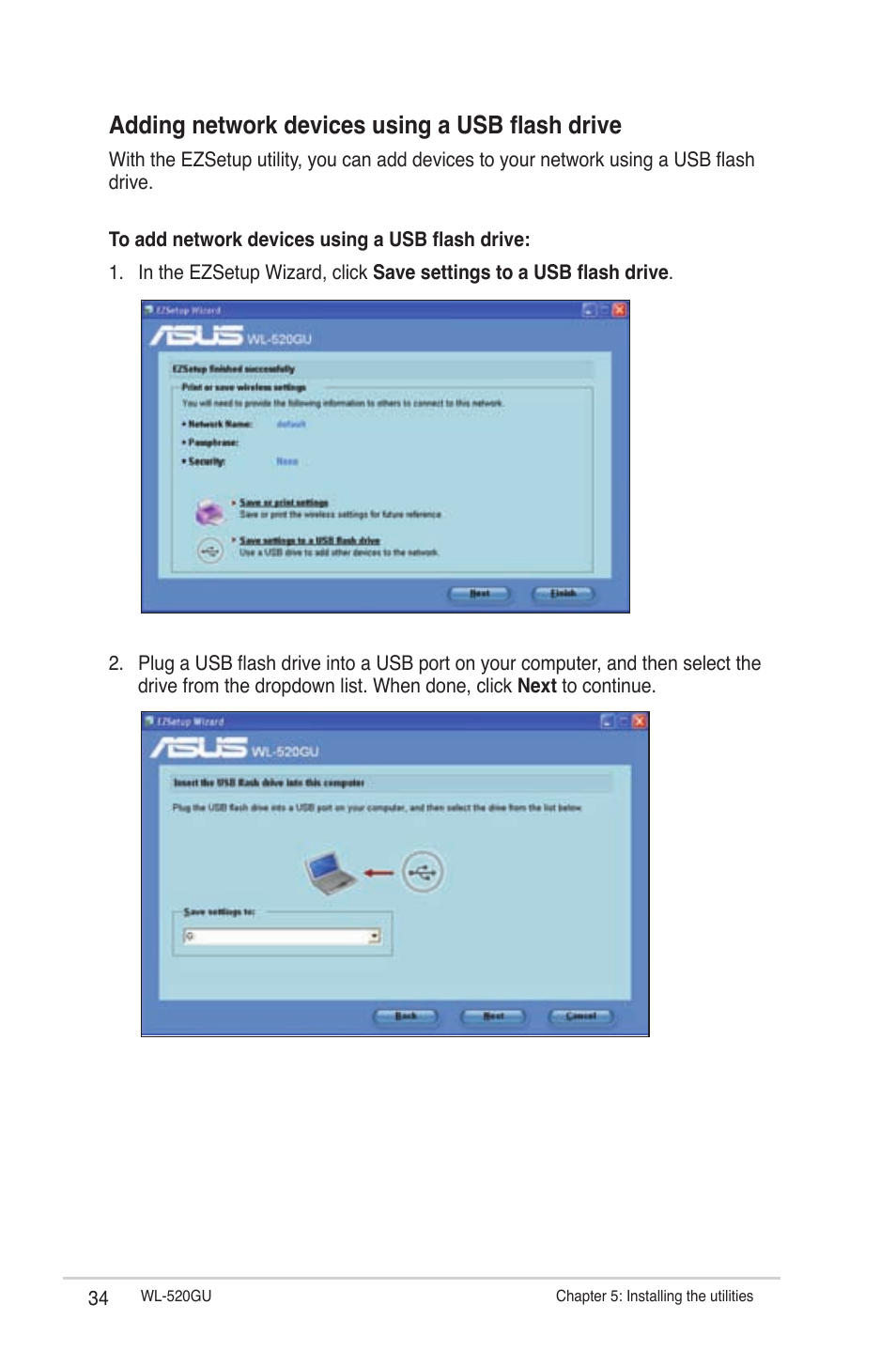 Adding network devices using a usb flash drive | Asus WL-520GU User Manual | Page 34 / 51