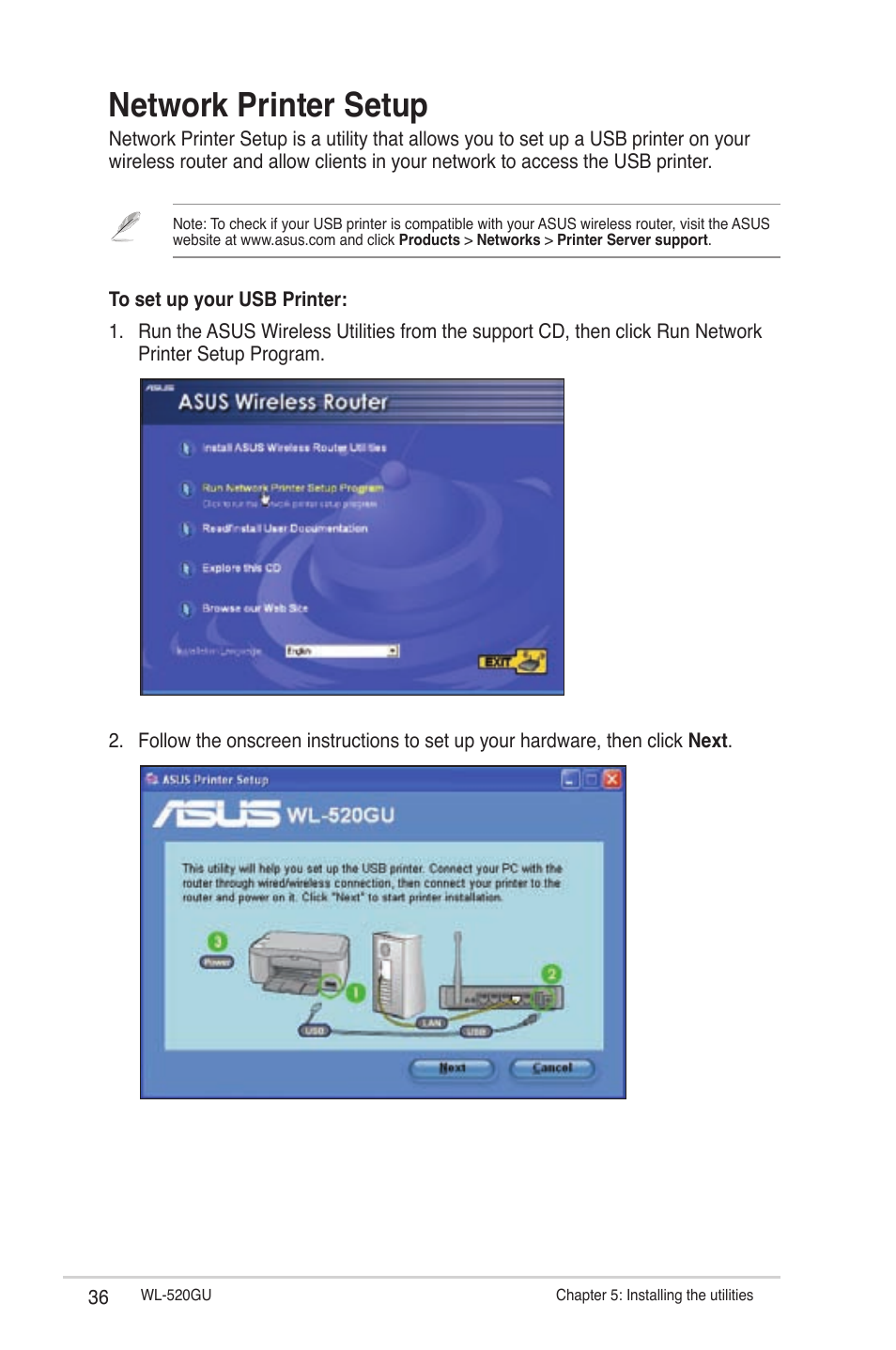 Network printer setup | Asus WL-520GU User Manual | Page 36 / 51