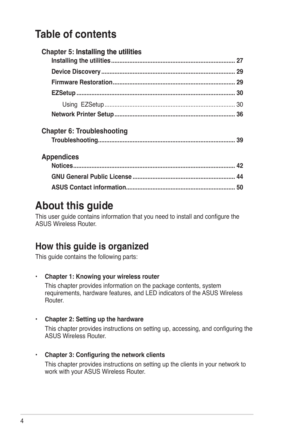 About this guide, How this guide is organized, Table of contents about this guide | Asus WL-520GU User Manual | Page 4 / 51