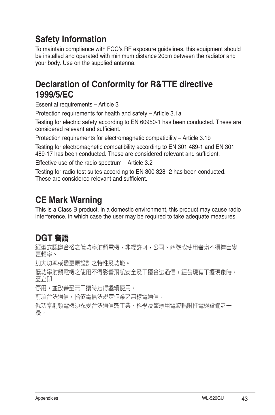 Safety information, Ce mark warning | Asus WL-520GU User Manual | Page 43 / 51