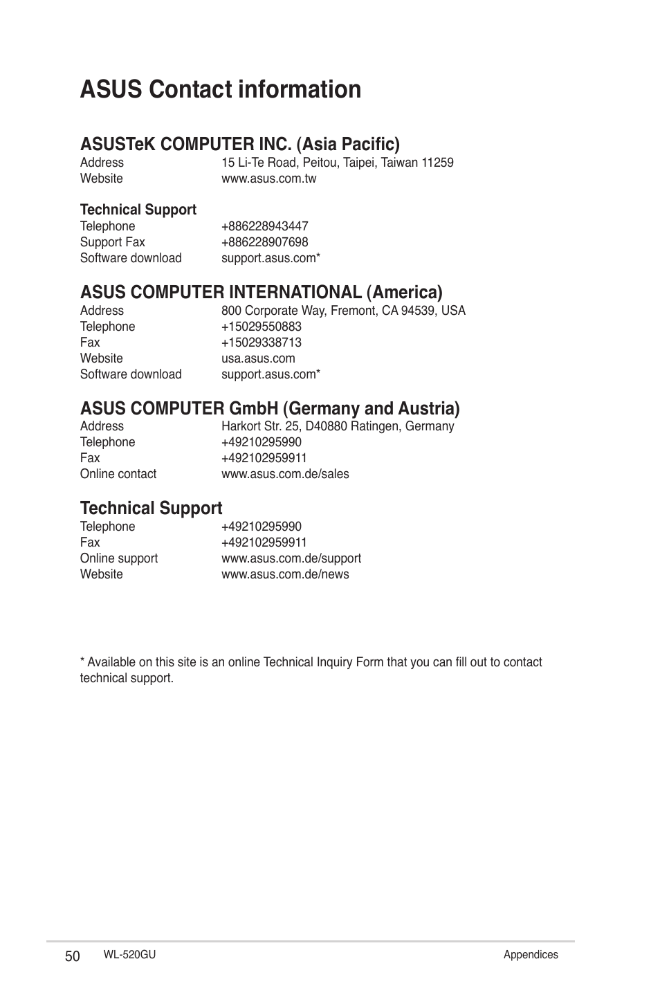 Asus contact information, Asustek computer inc. (asia pacific), Asus computer international (america) | Asus computer gmbh (germany and austria), Technical support | Asus WL-520GU User Manual | Page 50 / 51