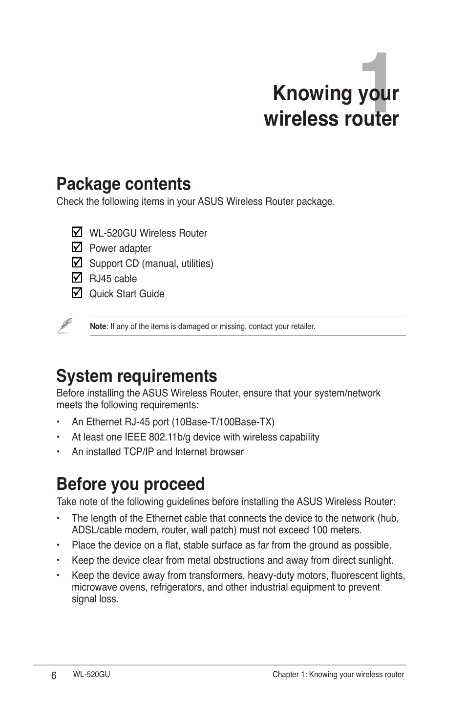 Chapter 1: knowing your wireless router, Package contents, System requirements | Before you proceed, Knowing your wireless router | Asus WL-520GU User Manual | Page 6 / 51