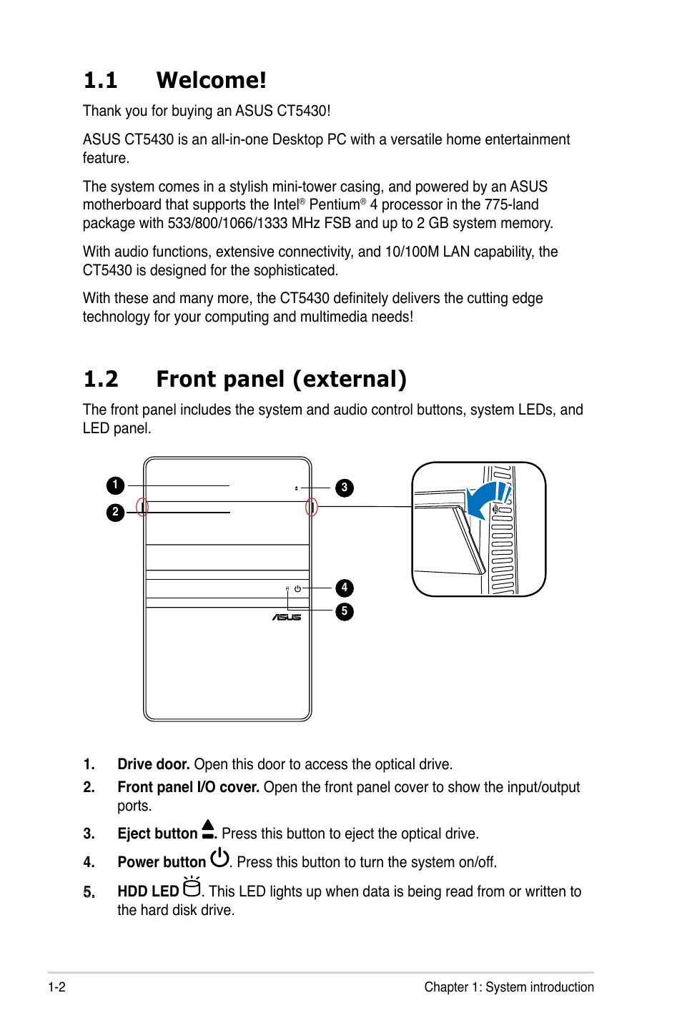 1 welcome, 2 front panel (external) | Asus CT5430 User Manual | Page 10 / 36