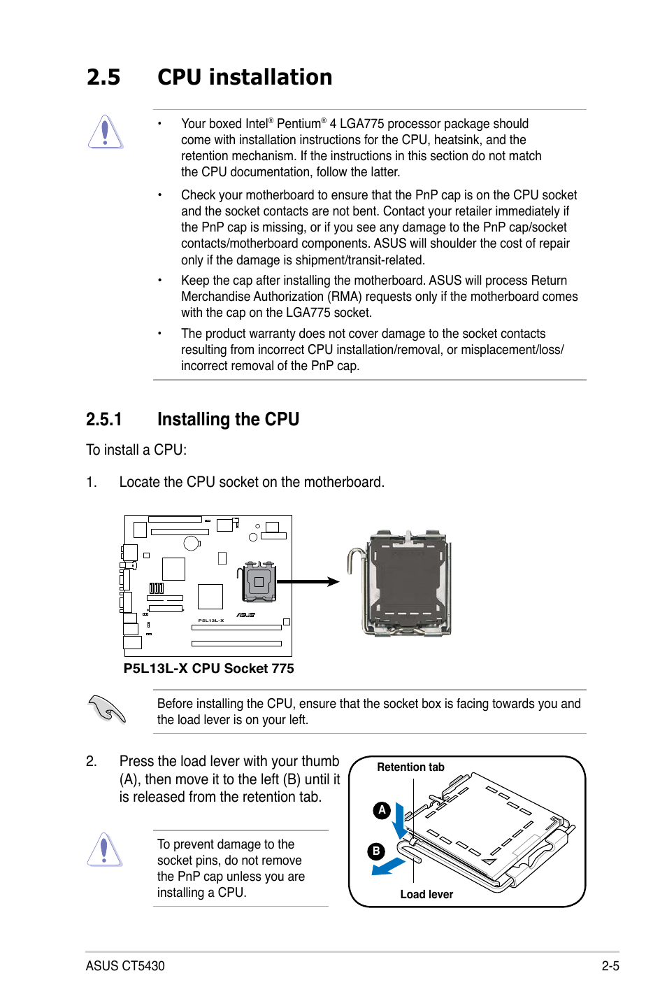 5 cpu installation, 1 installing the cpu | Asus CT5430 User Manual | Page 19 / 36