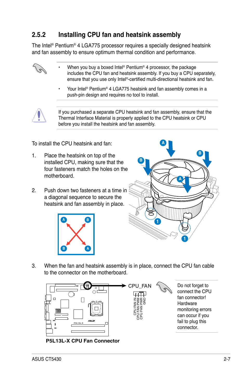 2 installing cpu fan and heatsink assembly, The intel, Pentium | Asus CT5430 User Manual | Page 21 / 36