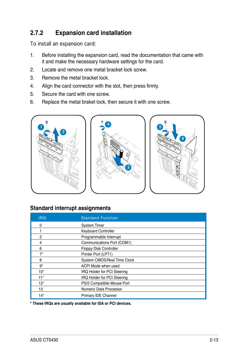 2 expansion card installation, Standard interrupt assignments | Asus CT5430 User Manual | Page 27 / 36