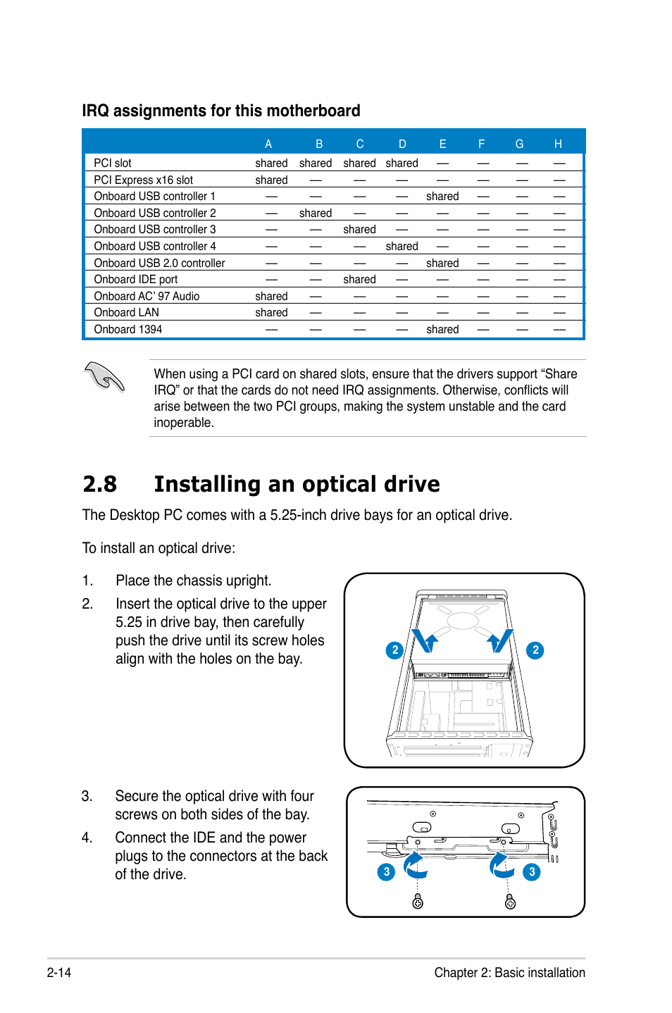 8 installing an optical drive, Irq assignments for this motherboard | Asus CT5430 User Manual | Page 28 / 36