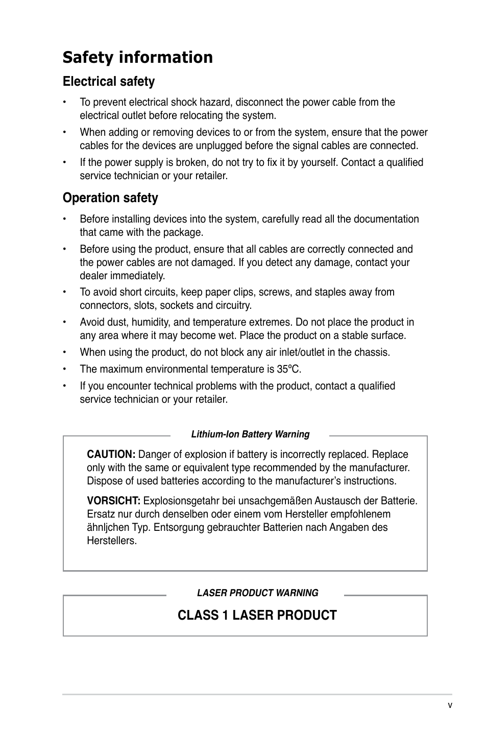 Safety information, Electrical safety, Operation safety | Class 1 laser product | Asus CT5430 User Manual | Page 5 / 36