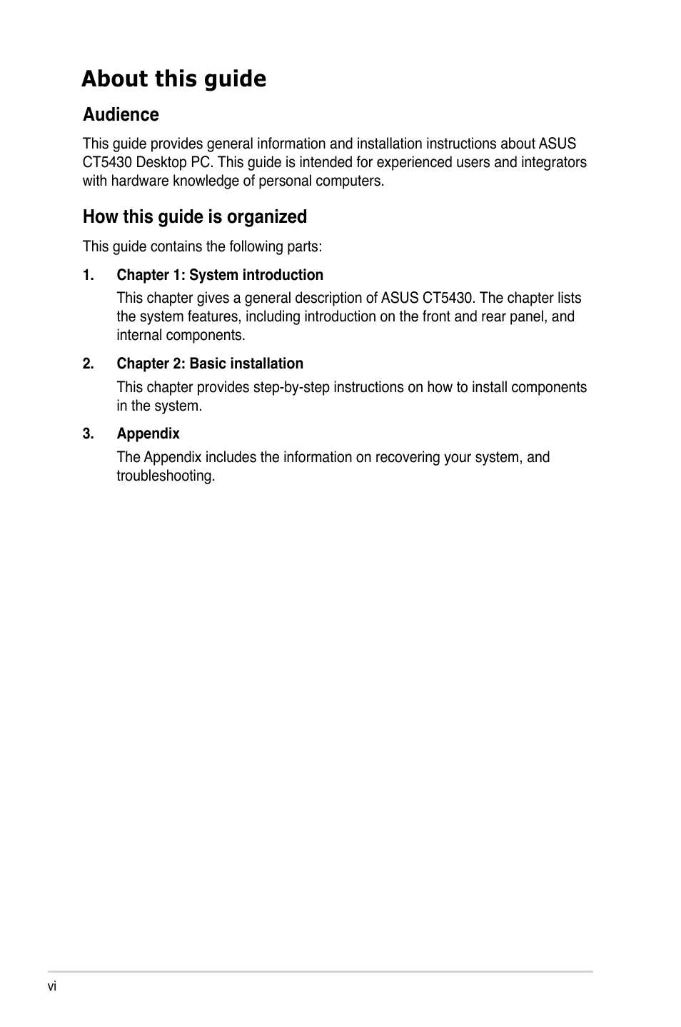 About this guide, Audience, How this guide is organized | Asus CT5430 User Manual | Page 6 / 36