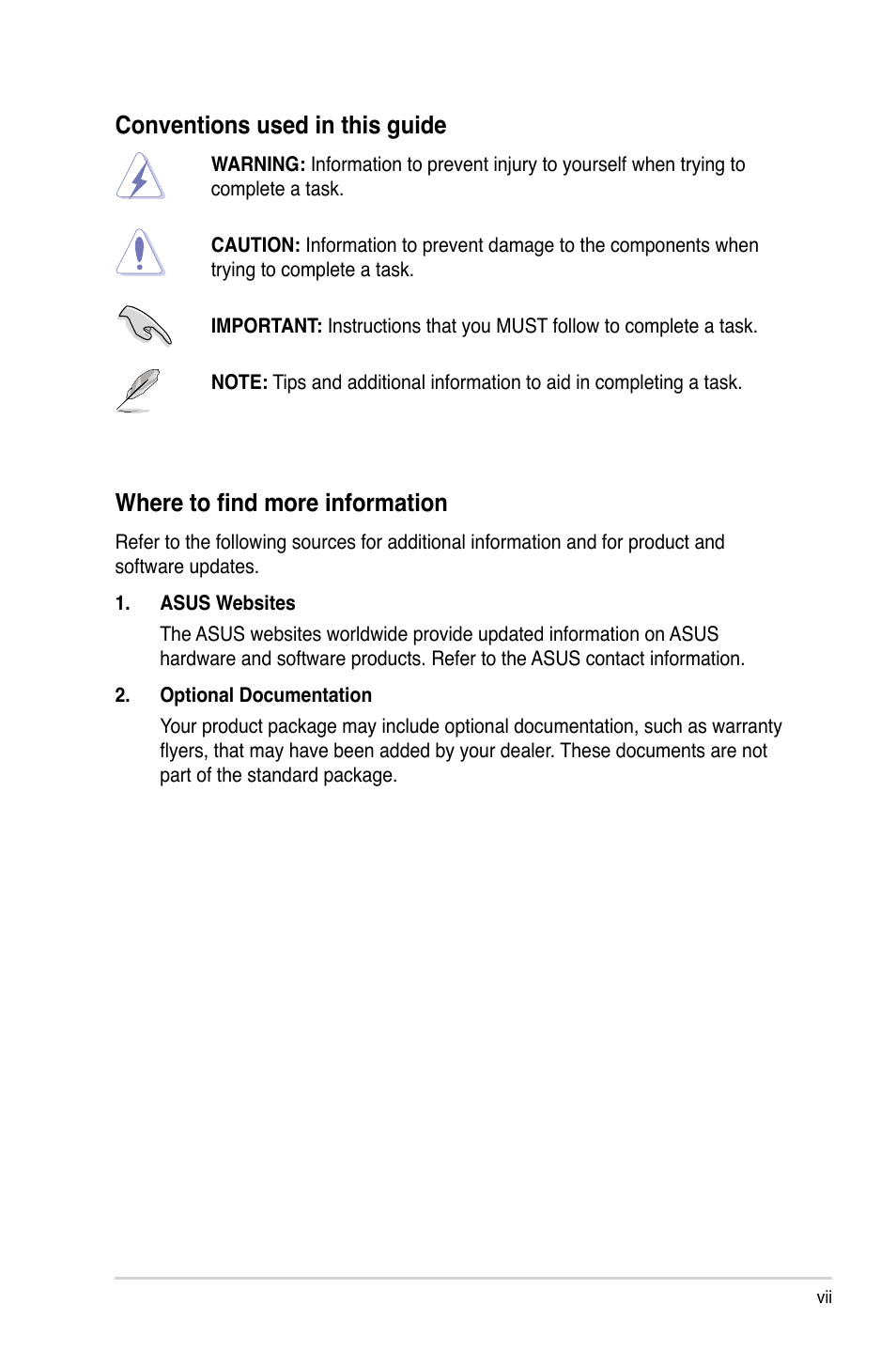 Conventions used in this guide, Where to find more information | Asus CT5430 User Manual | Page 7 / 36