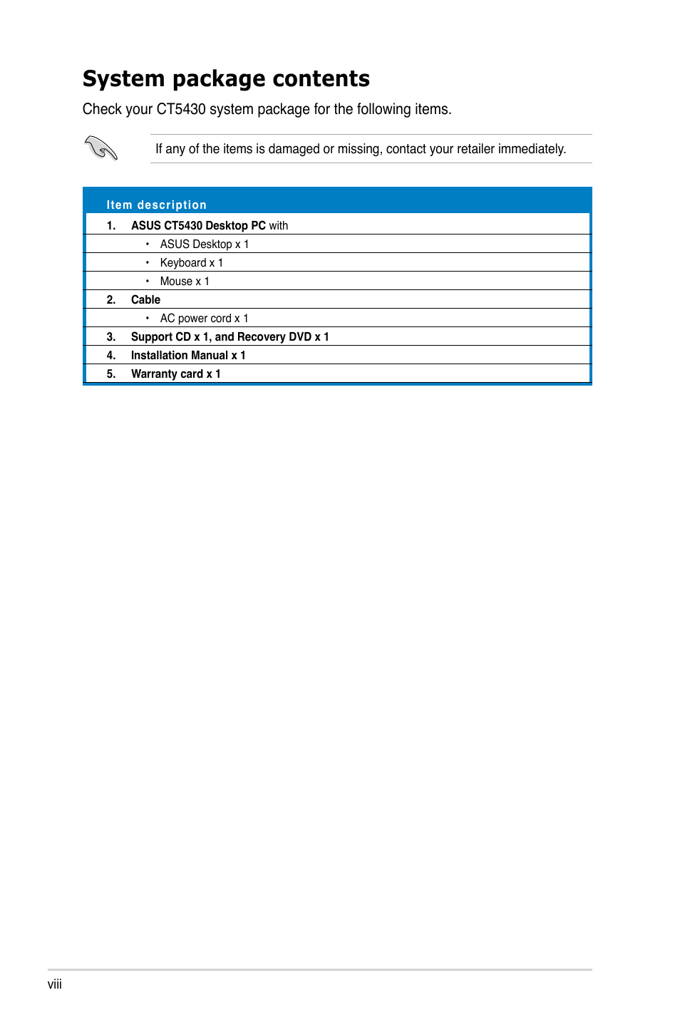 System package contents | Asus CT5430 User Manual | Page 8 / 36