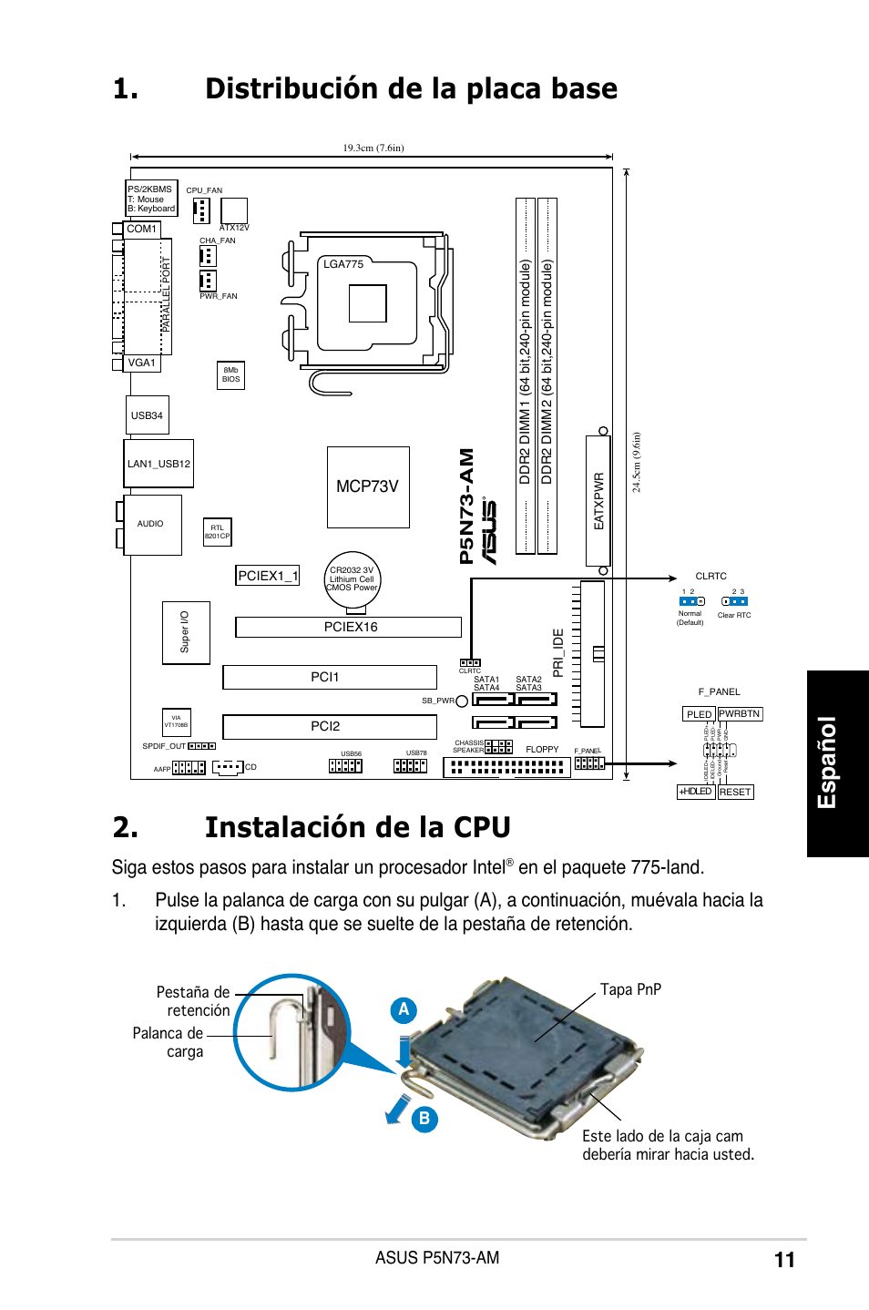Español, Siga estos pasos para instalar un procesador intel, Asus p5n73-am | Ab b pn-am, Mcp73v | Asus P5N73-AM User Manual | Page 11 / 37