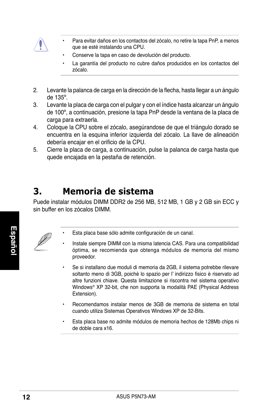 Español | Asus P5N73-AM User Manual | Page 12 / 37