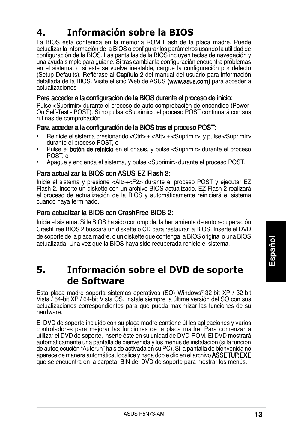 Información sobre el dvd de soporte de software, Información sobre la bios, Español | Asus P5N73-AM User Manual | Page 13 / 37