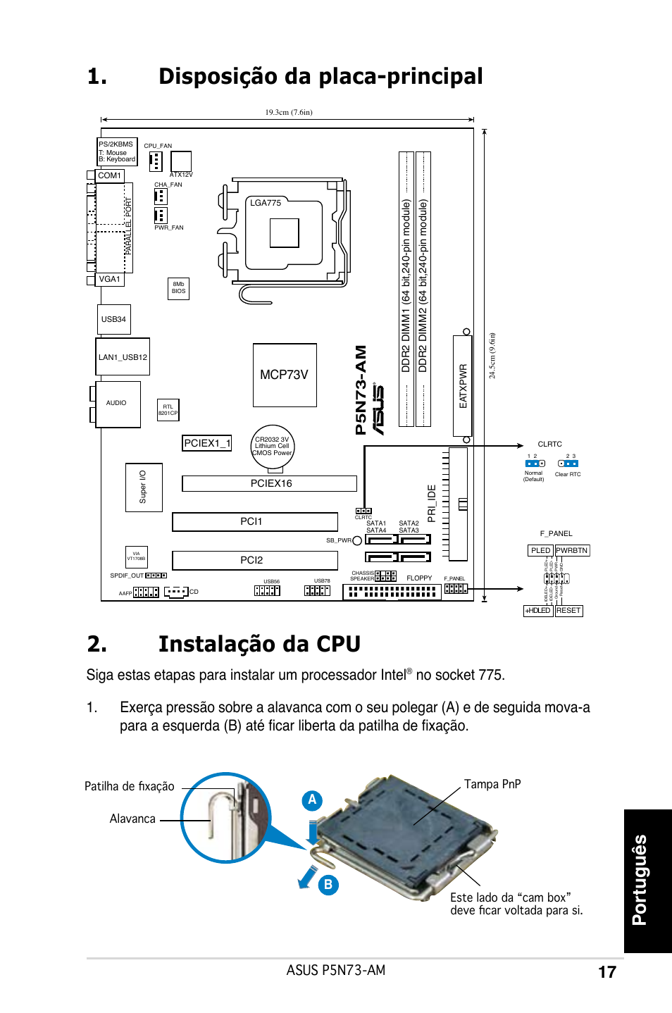 Disposição da placa-principal 2. instalação da cpu, Português, Asus p5n73-am | Ab b pn-am, Mcp73v | Asus P5N73-AM User Manual | Page 17 / 37