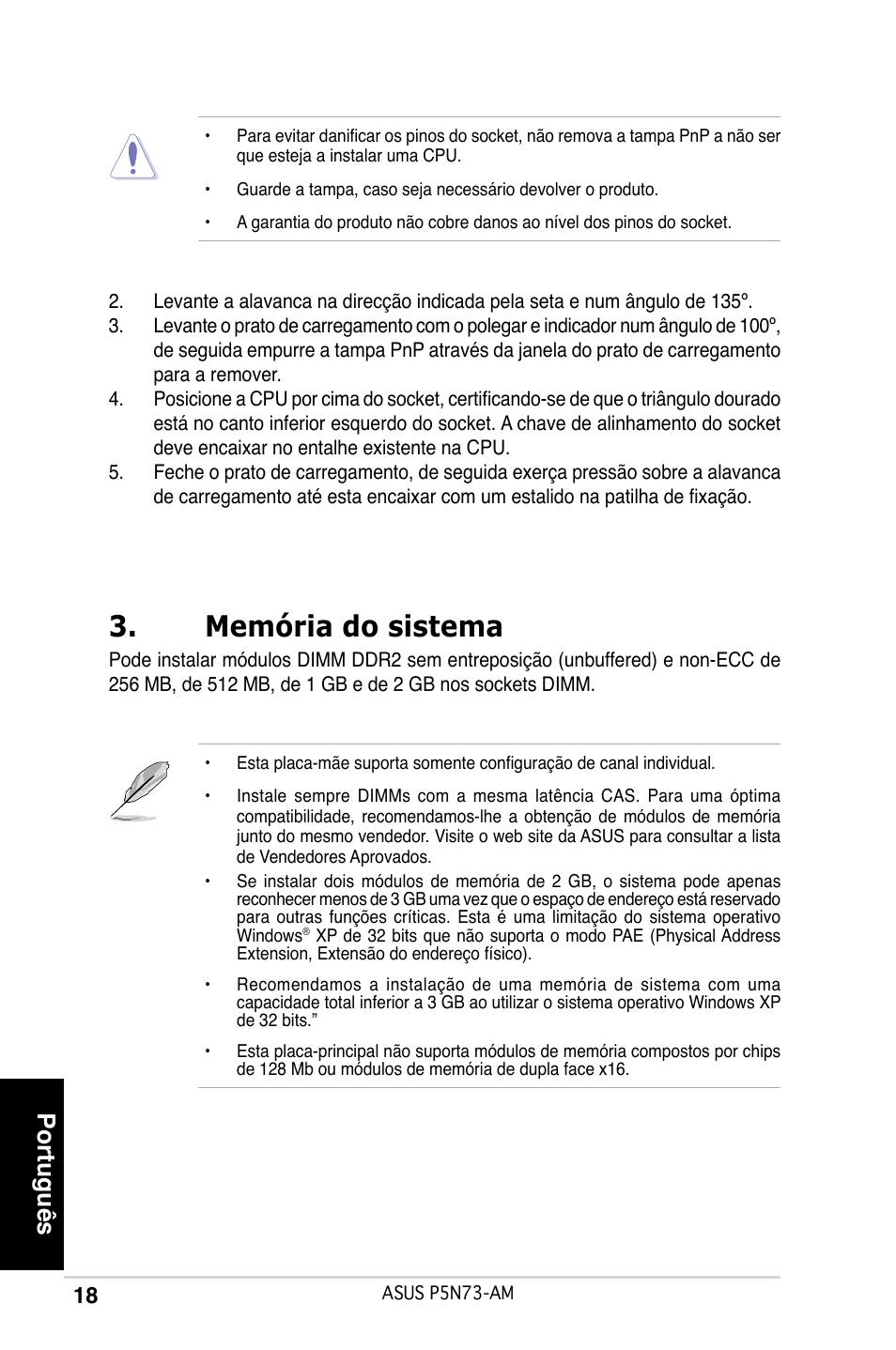 Memória do sistema, Português | Asus P5N73-AM User Manual | Page 18 / 37