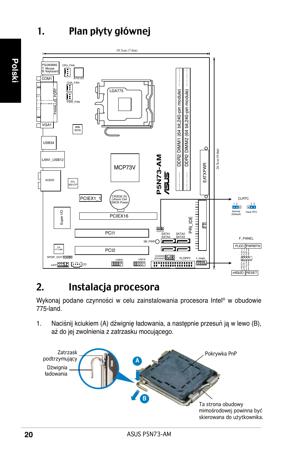 Plan płyty głównej 2. instalacja procesora, Polski, Asus p5n73-am | Ab b pn-am, Mcp73v | Asus P5N73-AM User Manual | Page 20 / 37