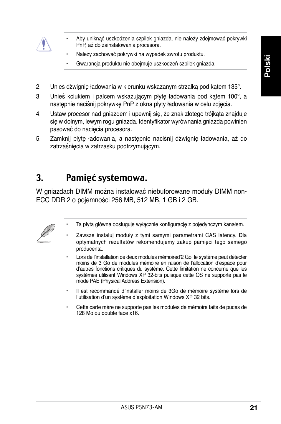 Pamięć systemowa, Polski | Asus P5N73-AM User Manual | Page 21 / 37