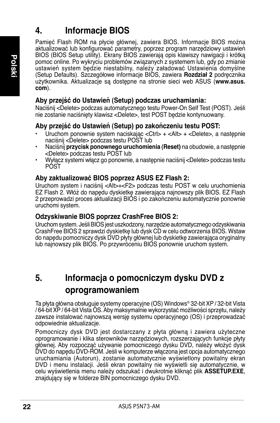 Informacje bios, Polski | Asus P5N73-AM User Manual | Page 22 / 37