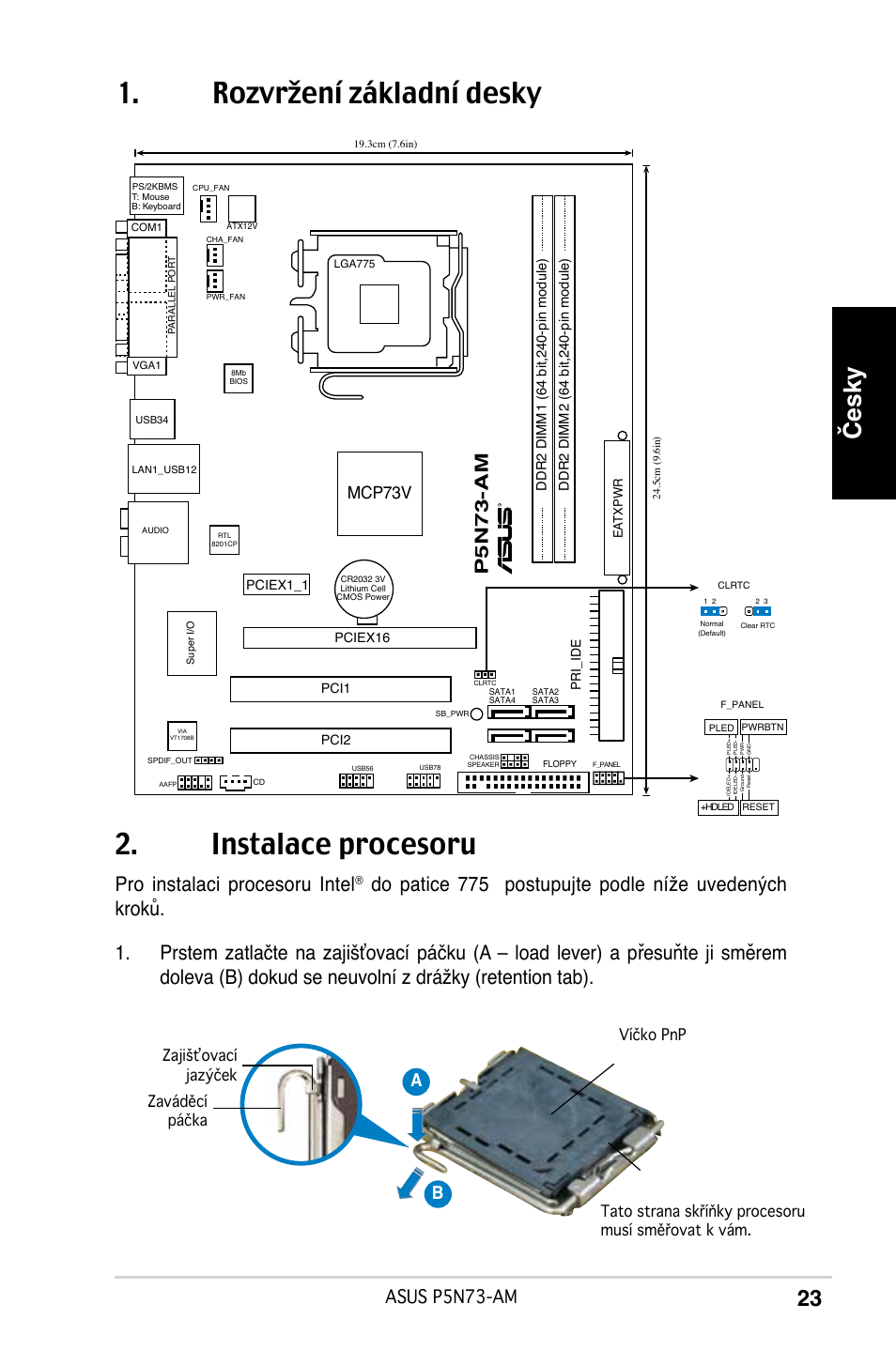 Rozvržení základní desky 2. instalace procesoru, Česky, Pro instalaci procesoru intel | Asus p5n73-am, Ab b pn-am, Mcp73v | Asus P5N73-AM User Manual | Page 23 / 37