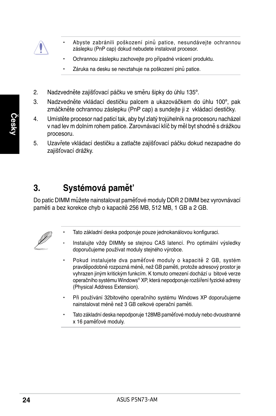 Systémová pamět, Česky | Asus P5N73-AM User Manual | Page 24 / 37
