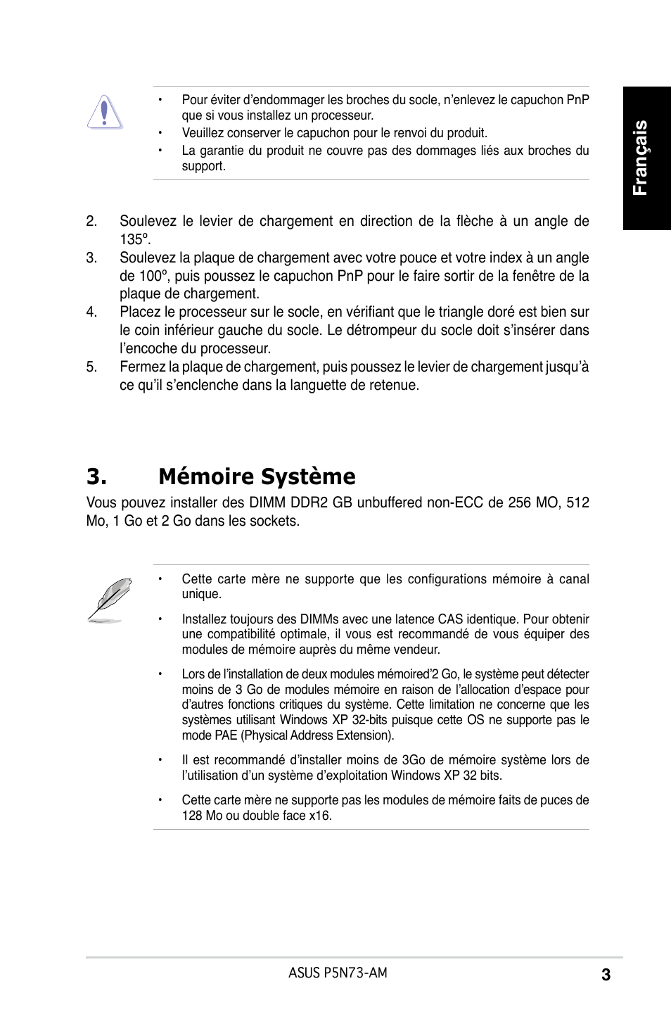 Mémoire système, Français | Asus P5N73-AM User Manual | Page 3 / 37