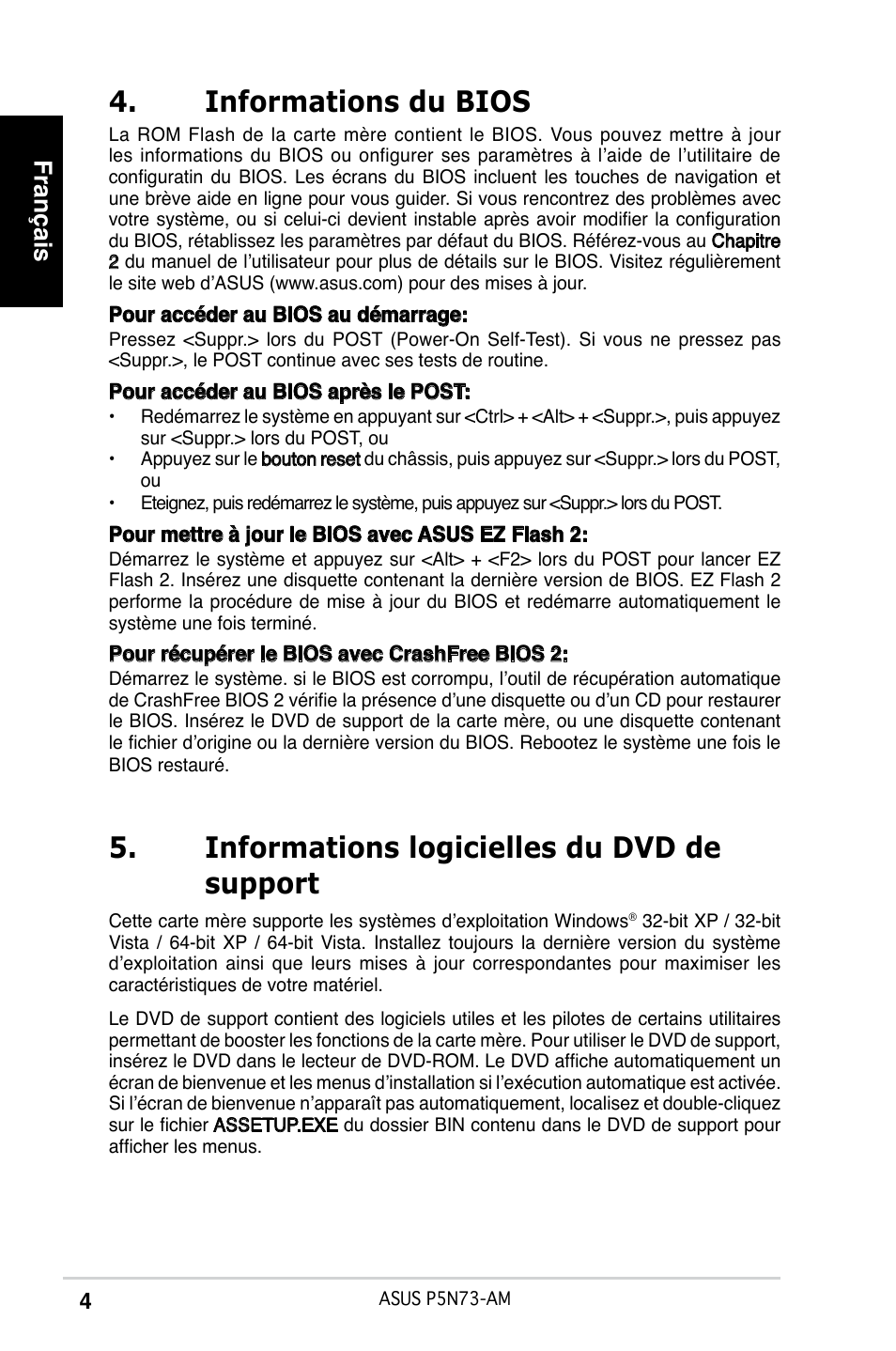 Informations du bios, Informations logicielles du dvd de support, Français | Asus P5N73-AM User Manual | Page 4 / 37