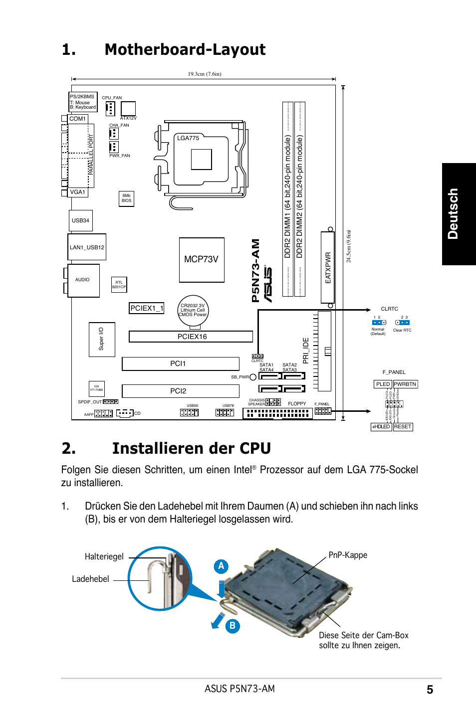 Motherboard-layout 2. installieren der cpu, Deutsch, Folgen sie diesen schritten, um einen intel | Asus p5n73-am, Ab b pn-am, Mcp73v | Asus P5N73-AM User Manual | Page 5 / 37