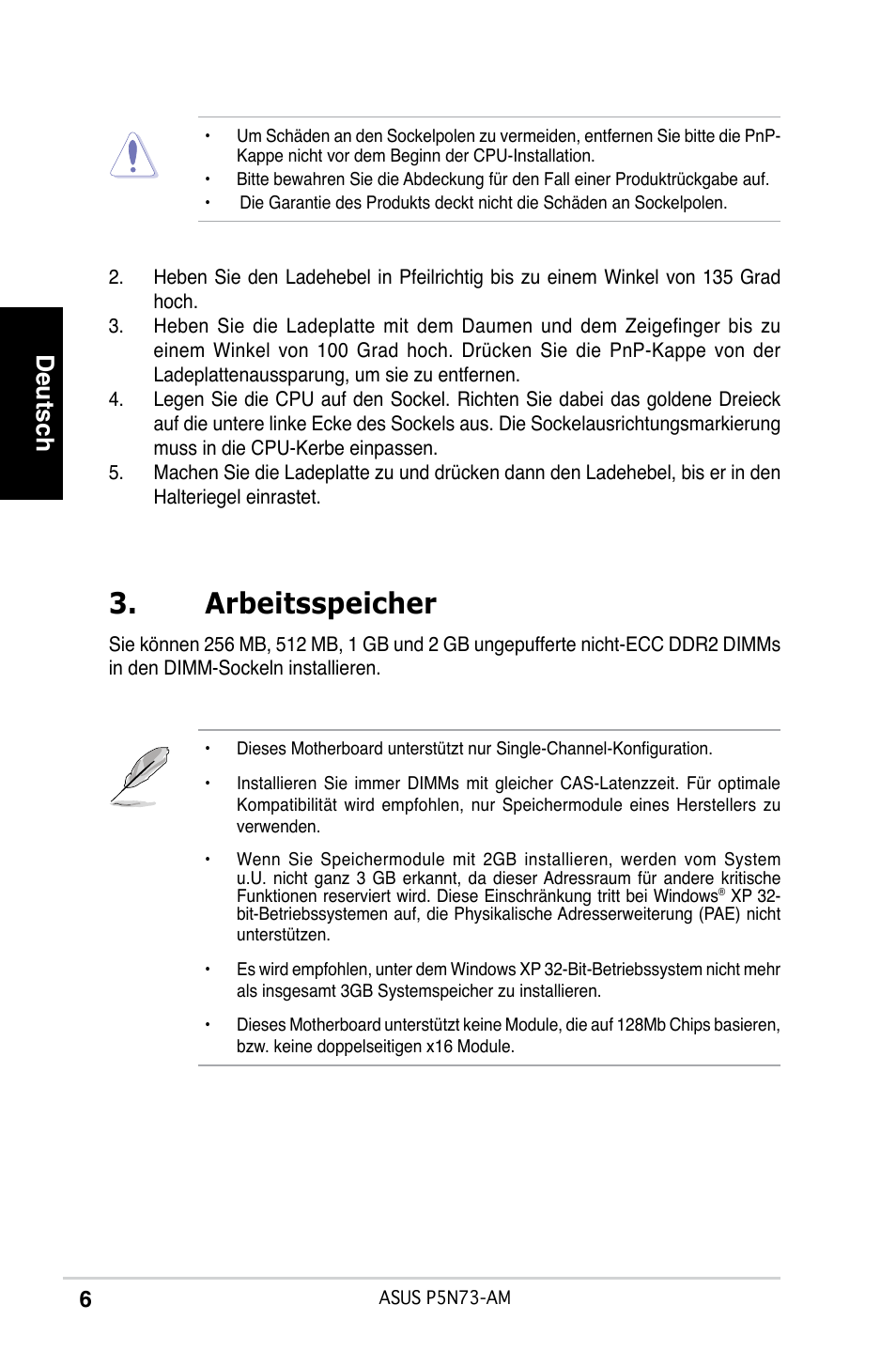 Arbeitsspeicher, Deutsch | Asus P5N73-AM User Manual | Page 6 / 37