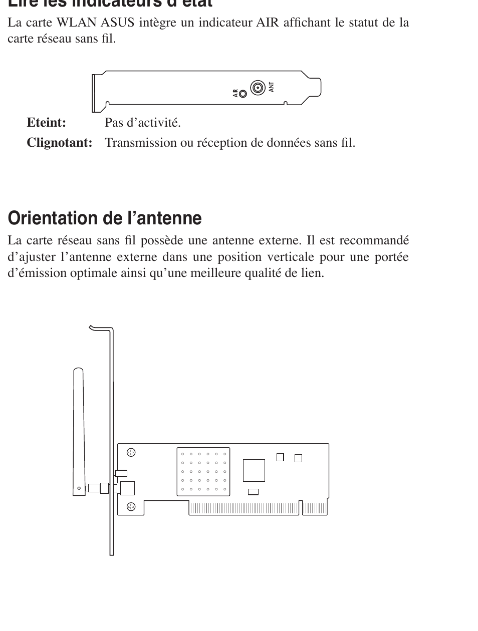 Lire les indicateurs d’état, Orientation de l’antenne | Asus WL-138g v2 User Manual | Page 10 / 61