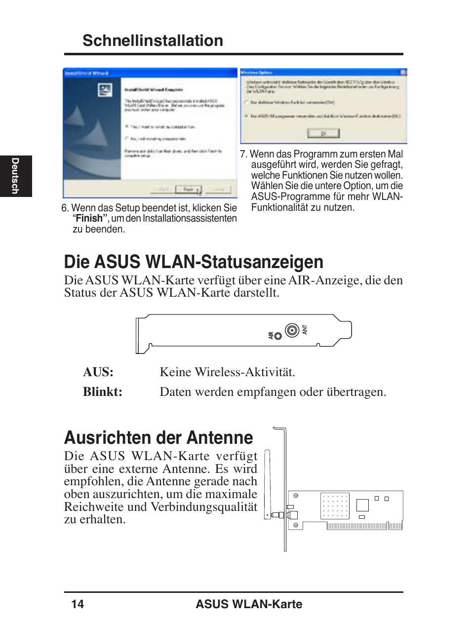 Die asus wlan-statusanzeigen, Ausrichten der antenne, Schnellinstallation | Asus WL-138g v2 User Manual | Page 15 / 61