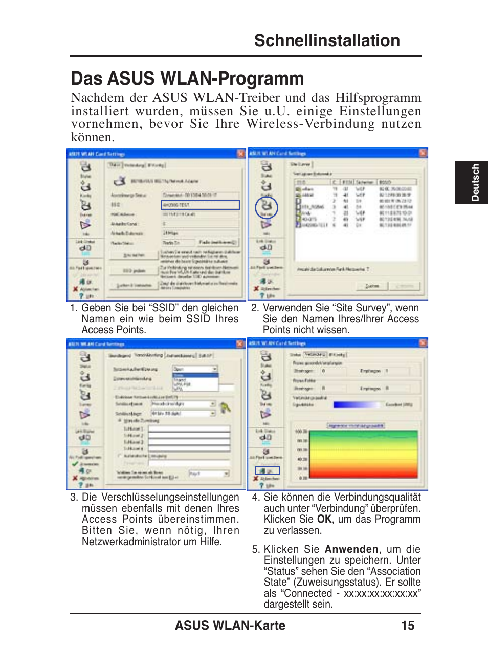 Das asus wlan-programm, Schnellinstallation | Asus WL-138g v2 User Manual | Page 16 / 61