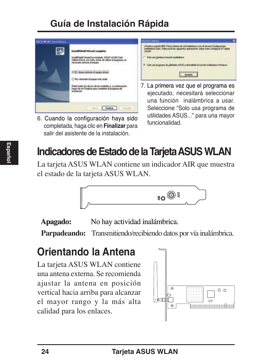 Indicadores de estado de la tarjeta asus wlan, Orientando la antena, Guía de instalación rápida | Asus WL-138g v2 User Manual | Page 25 / 61