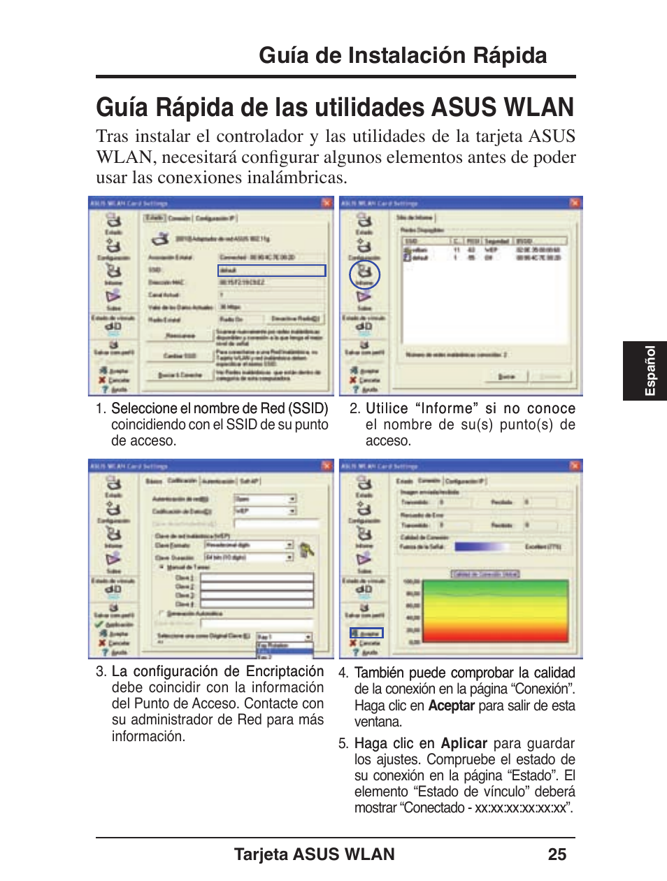 Guía rápida de las utilidades asus wlan, Guía de instalación rápida | Asus WL-138g v2 User Manual | Page 26 / 61