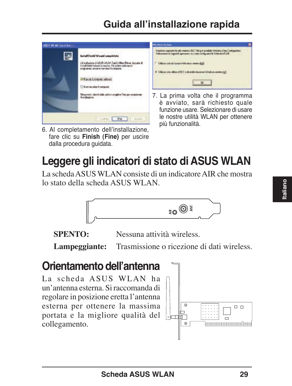 Leggere gli indicatori di stato di asus wlan, Orientamento dell’antenna, Guida all’installazione rapida | Asus WL-138g v2 User Manual | Page 30 / 61