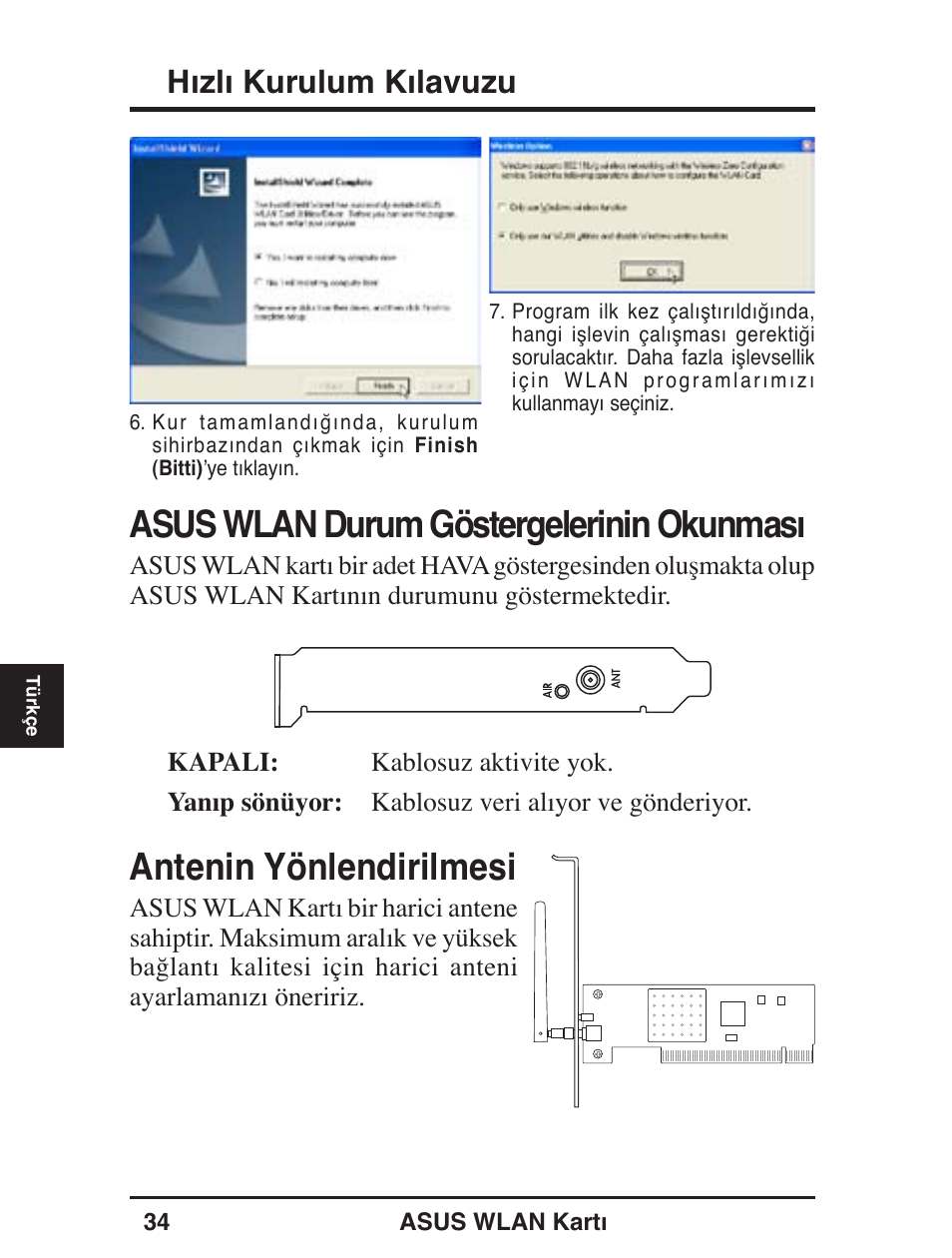 Asus wlan durum göstergelerinin okunması, Antenin yönlendirilmesi, Hızlı kurulum kılavuzu | Asus WL-138g v2 User Manual | Page 35 / 61