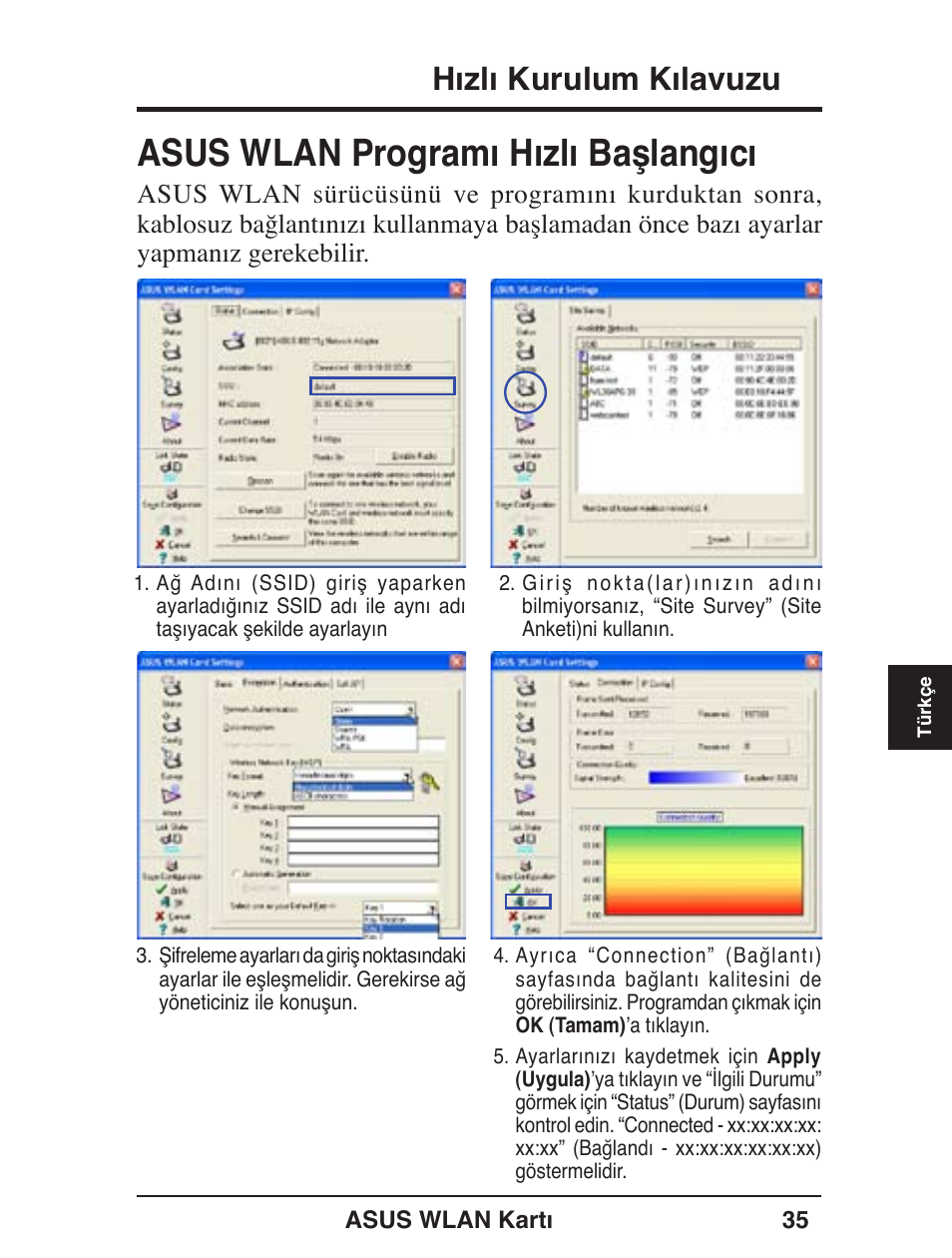 Asus wlan programı hızlı başlangıcı, Hızlı kurulum kılavuzu | Asus WL-138g v2 User Manual | Page 36 / 61