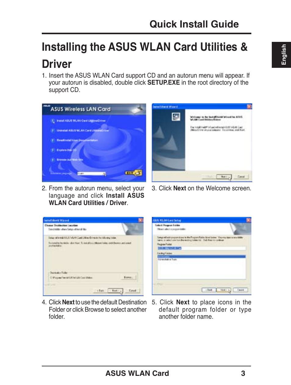 Installing the asus wlan card utilities & driver, Quick install guide | Asus WL-138g v2 User Manual | Page 4 / 61