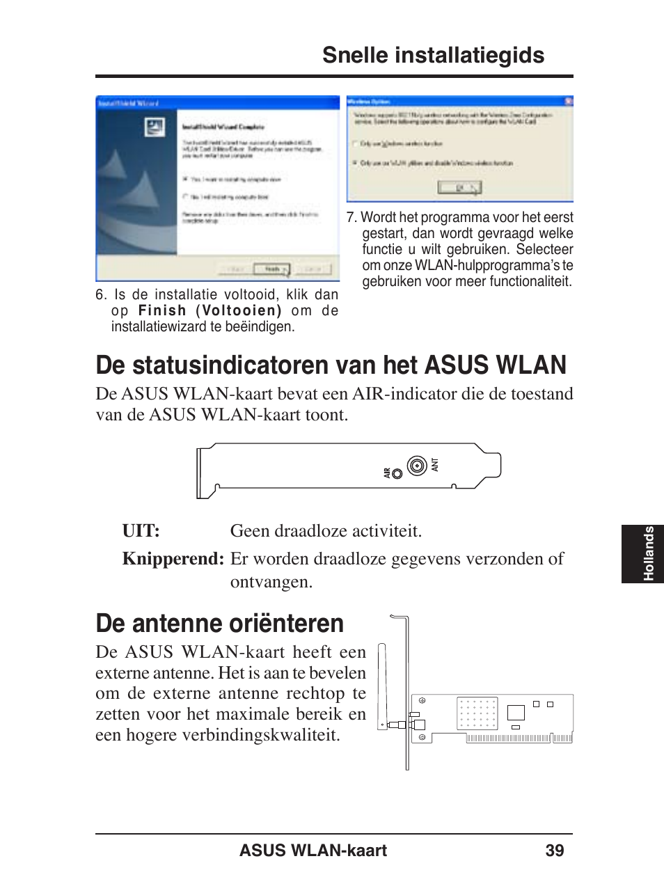 De statusindicatoren van het asus wlan, De antenne oriënteren, Snelle installatiegids | Asus WL-138g v2 User Manual | Page 40 / 61