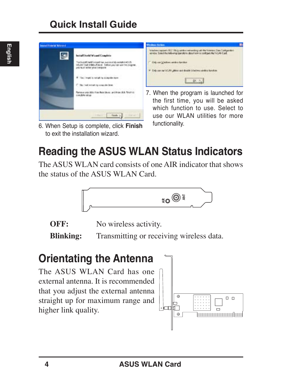 Reading the asus wlan status indicators, Orientating the antenna, Quick install guide | Asus WL-138g v2 User Manual | Page 5 / 61