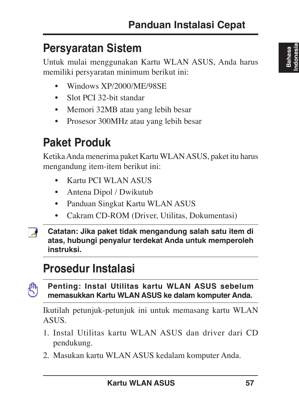 Persyaratan sistem, Paket produk, Prosedur instalasi | Panduan instalasi cepat | Asus WL-138g v2 User Manual | Page 58 / 61